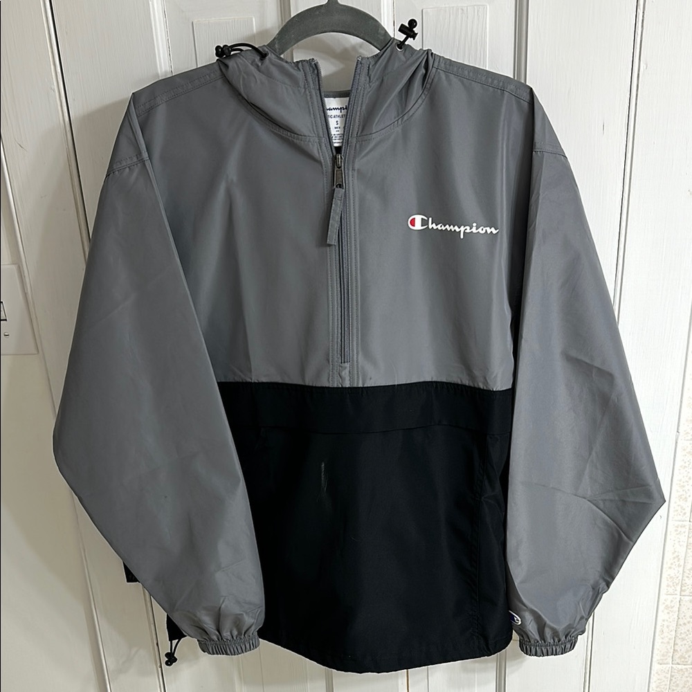 Champion Gray and Black Raincoat with Half-Zip Design